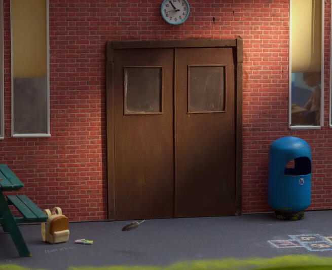 Primary schoolhouse exterior set. Custom built to a larger scale to facilitate diverse camera blocking.